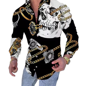 Gotmes Men Spring New Skull Print Shirt Men Fashion Trend Personality Casual Rhinestones Slim Long Sleeve Dress Shirt Men
